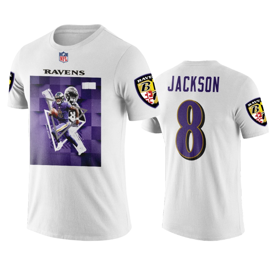 men's ravens lamar jackson white player graphic name & number t shirt