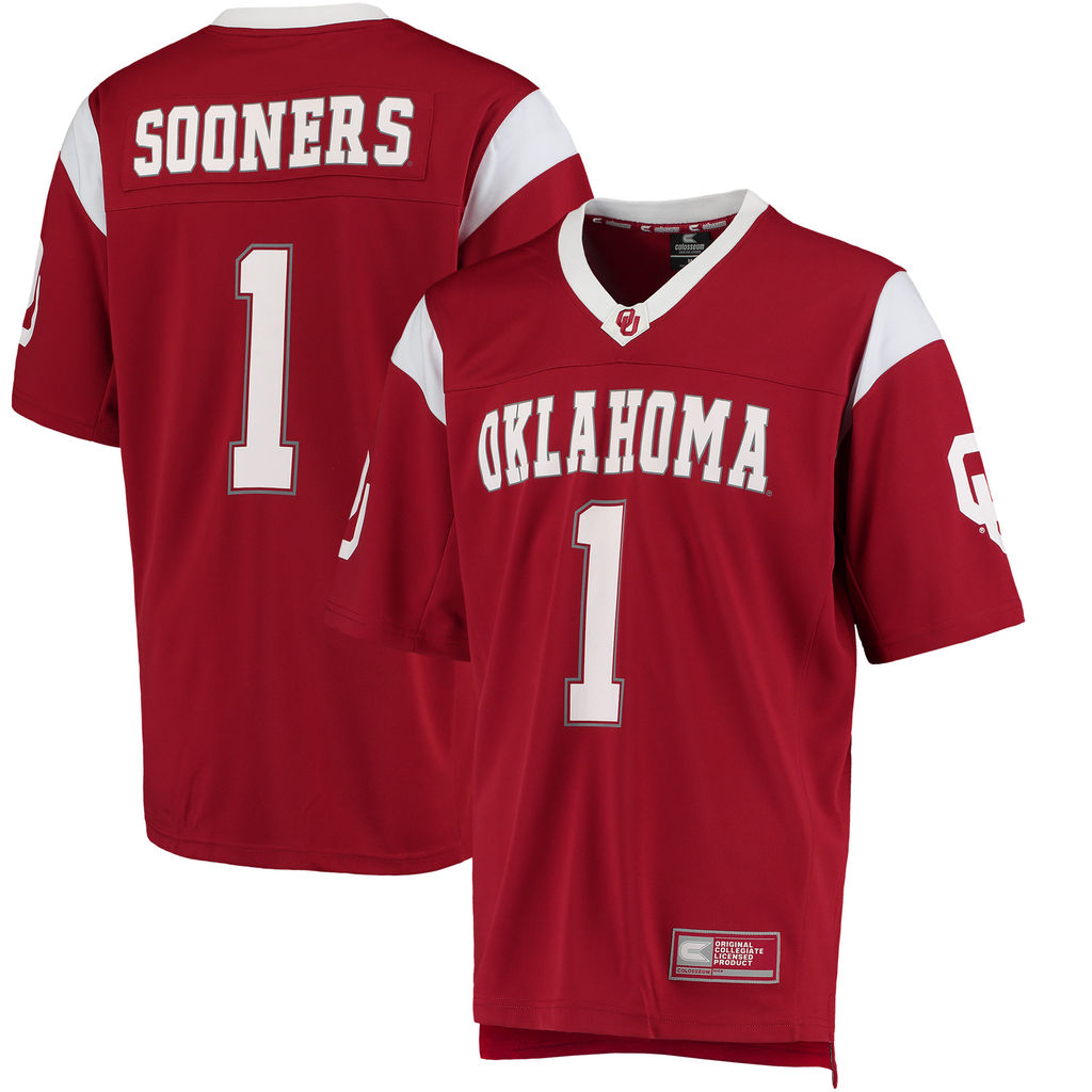 men's sooners crimson 1 colosseum hail mary football jersey