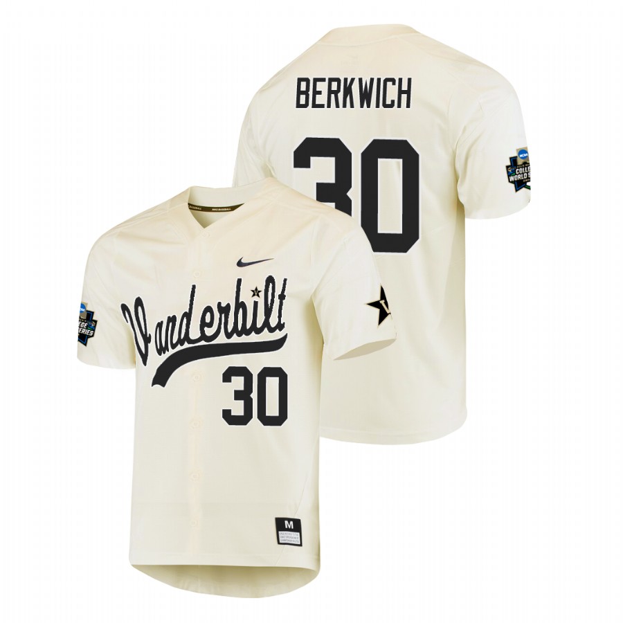 men's vanderbilt commodores nelson berkwich baseball college world series cream jersey