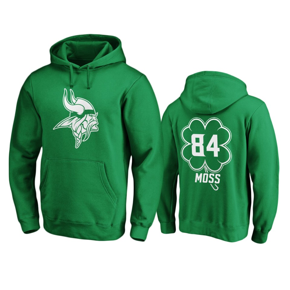 men's vikings randy moss green st. patrick's day white logo hoodie