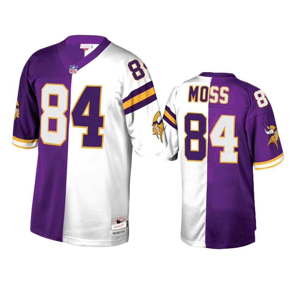 men's vikings randy moss purple white retired player split jersey