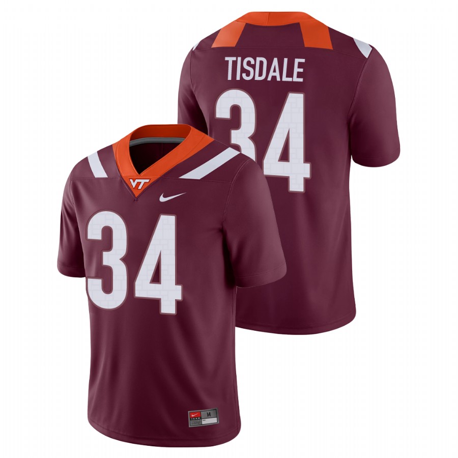 men's virginia tech hokies alan tisdale maroon game football jersey