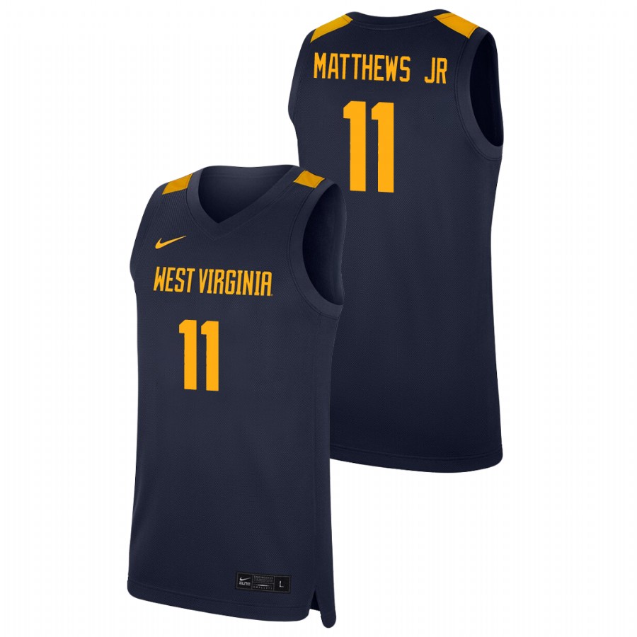 men's west virginia mountaineers emmitt matthews jr. college basketball navy replica jersey