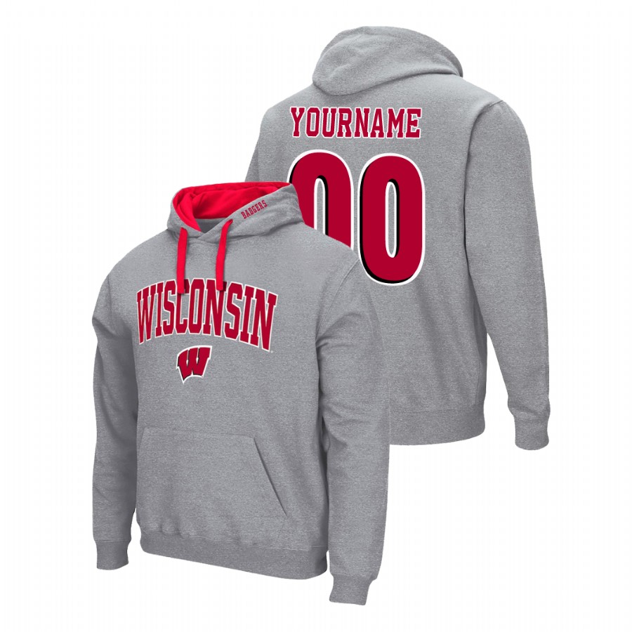 men's wisconsin badgers custom pullover heathered gray arch & logo 2.0 hoodie