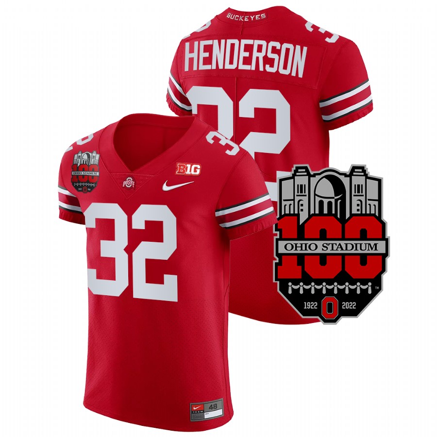 men ohio state buckeyes treveyon henderson 1922 2022 elite football 100th year stadium anniversary scarlet jersey
