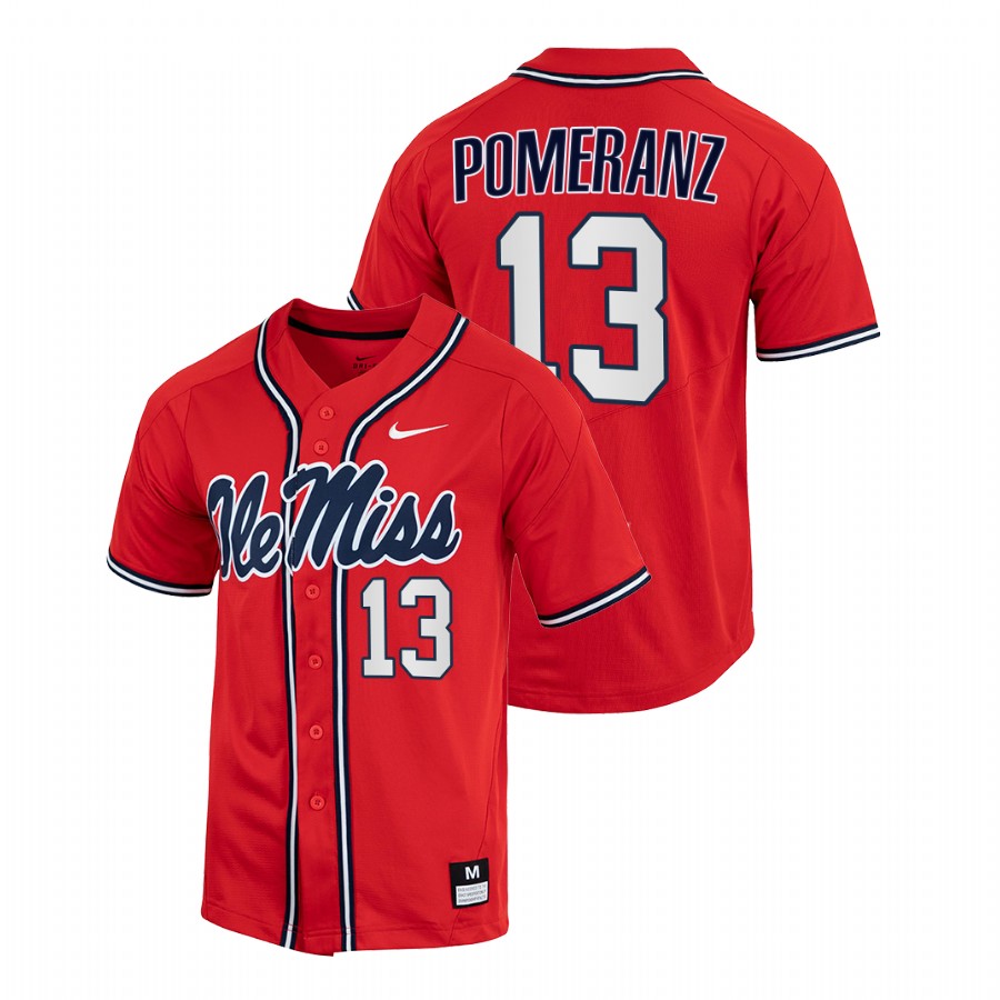 men ole miss rebels drew pomeranz red college baseball full button jersey