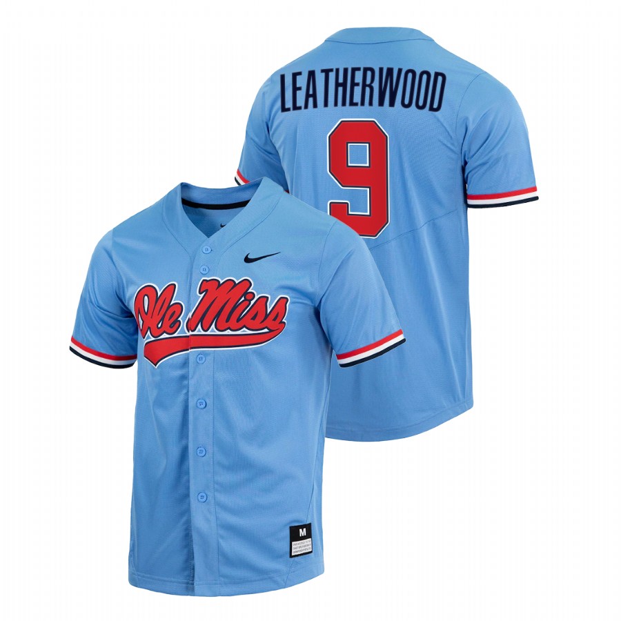 men ole miss rebels hayden leatherwood blue college baseball full button jersey 1