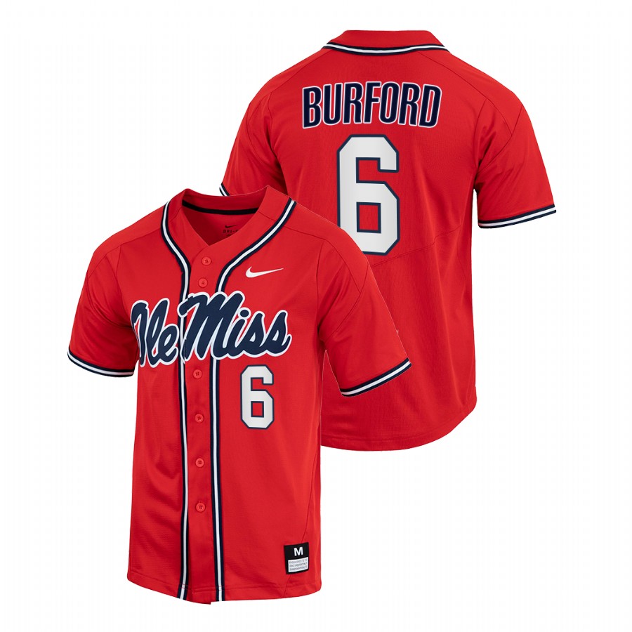 men ole miss rebels reagan burford red 2022college baseball full button jersey