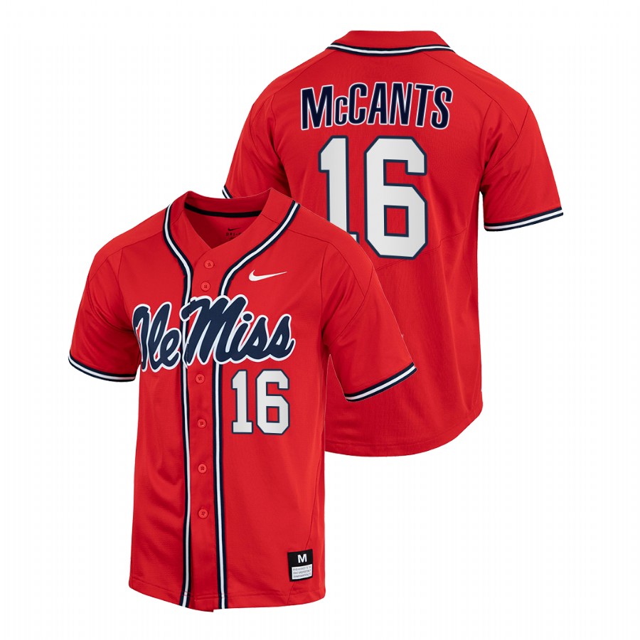 men ole miss rebels tj mccants red 2022college baseball full button jersey