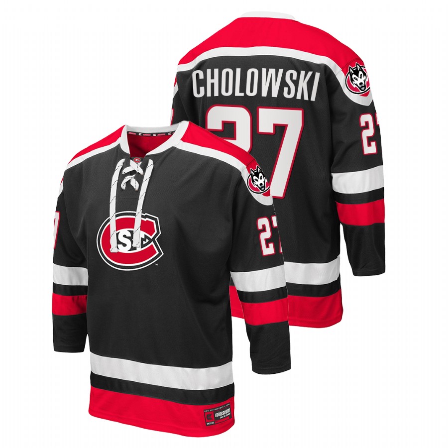 men st. cloud state huskies dennis cholowski black college hockey nhl alumni jersey