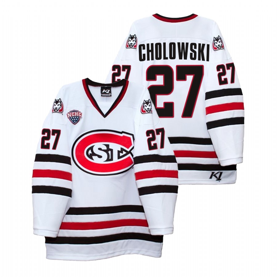 men st. cloud state huskies dennis cholowski white college hockey home jersey