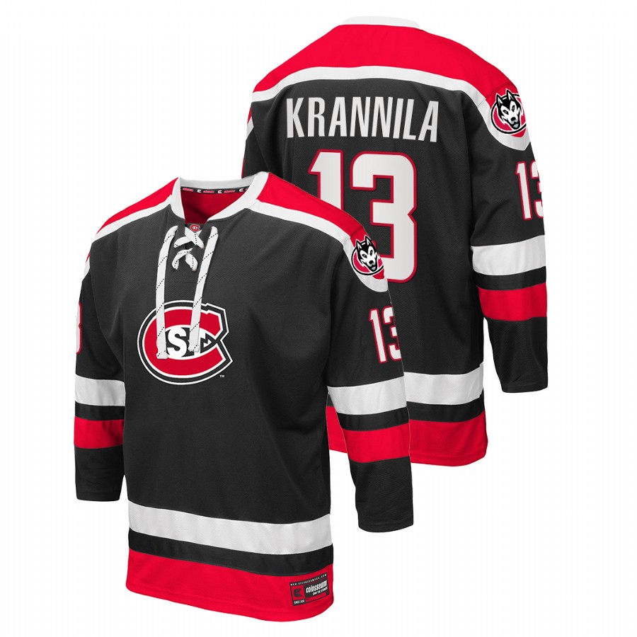 men st. cloud state huskies jami krannila black college hockey lace up jersey