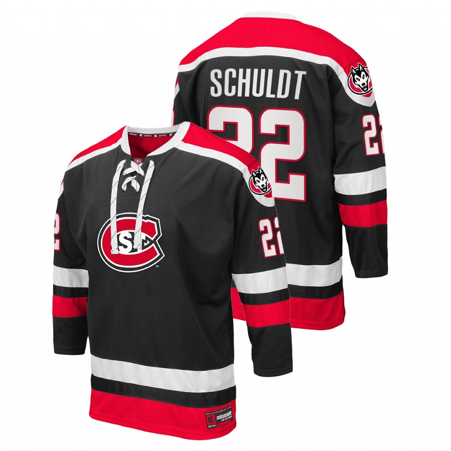 men st. cloud state huskies jimmy schuldt black college hockey nhl alumni jersey