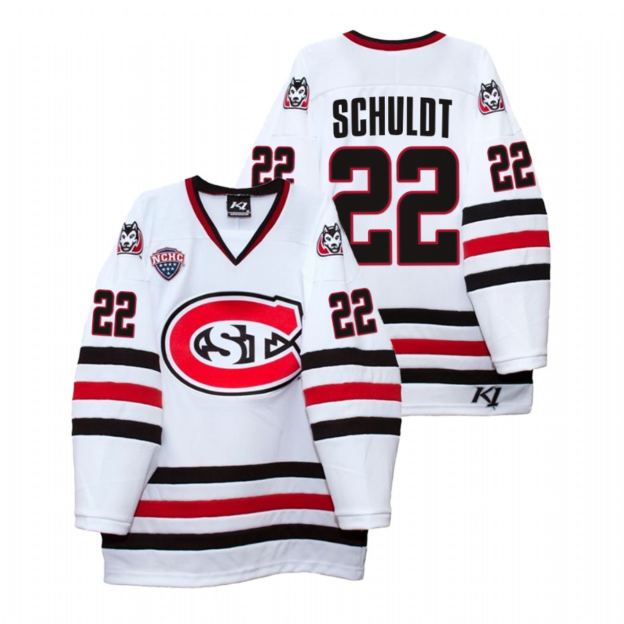 men st. cloud state huskies jimmy schuldt white college hockey home jersey