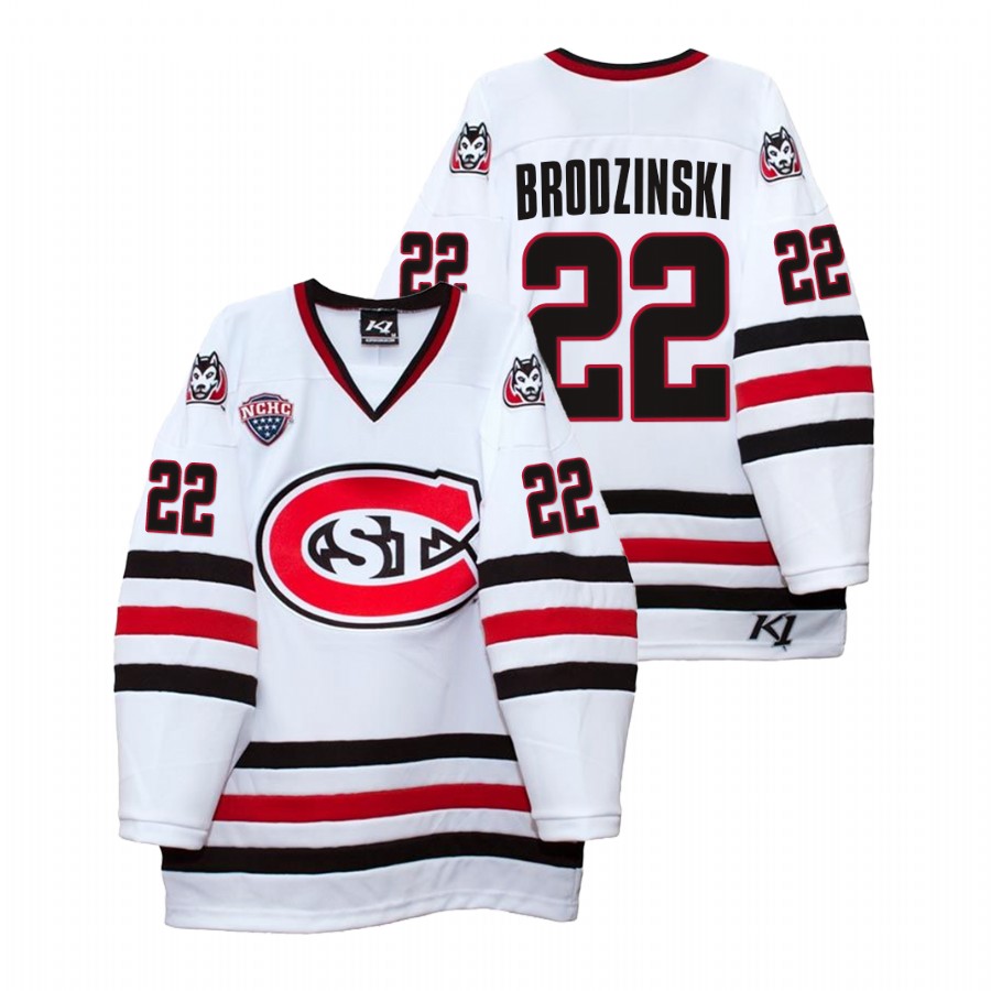 men st. cloud state huskies jonny brodzinski white college hockey home jersey