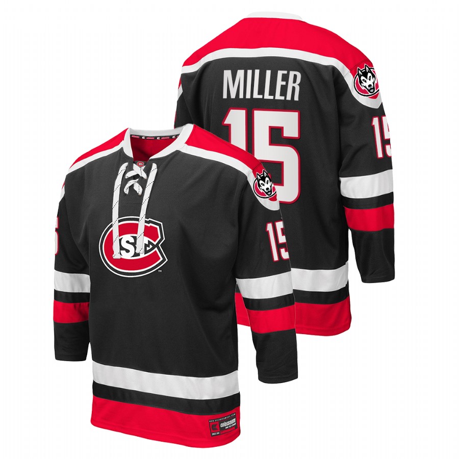 men st. cloud state huskies micah miller black college hockey lace up jersey