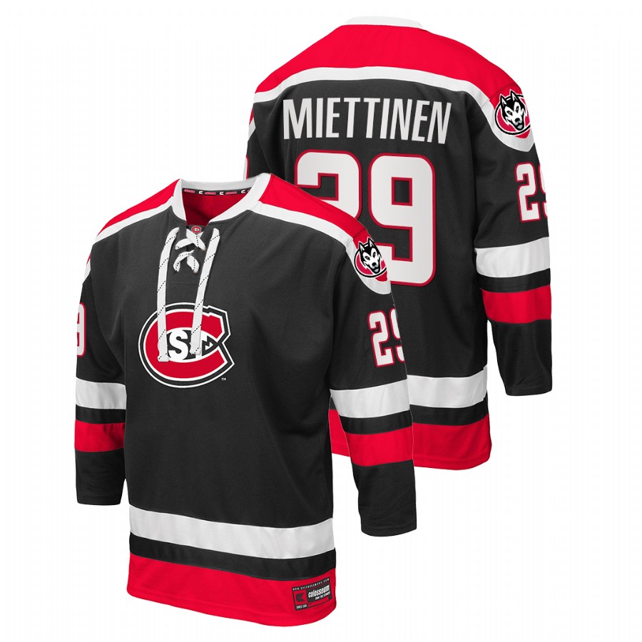 men st. cloud state huskies veeti miettinen black college hockey lace up jersey