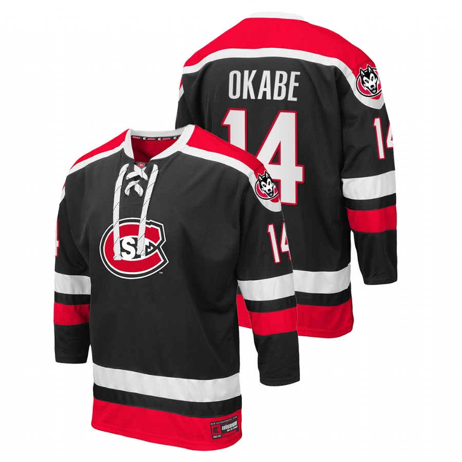 men st. cloud state huskies zach okabe black college hockey lace up jersey