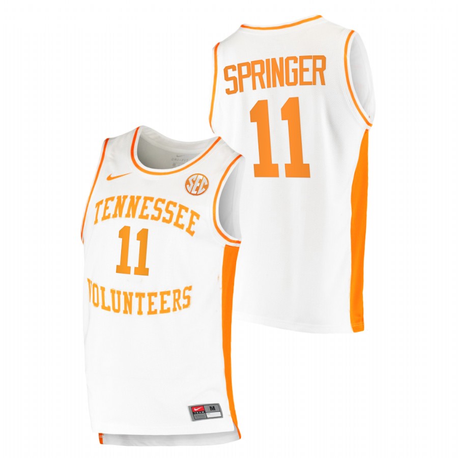 men tennessee volunteers jaden springer 2021 college basketball replica white jersey
