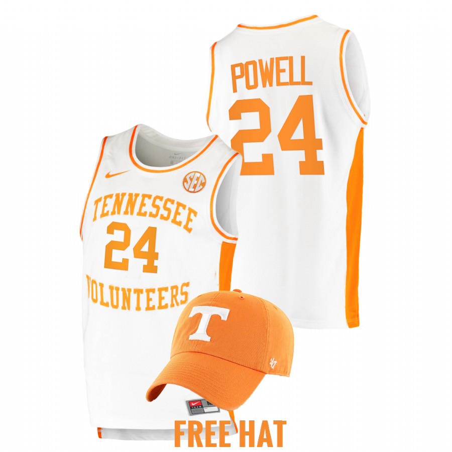 men tennessee volunteers justin powell 2021 22 free hat college basketball white jersey