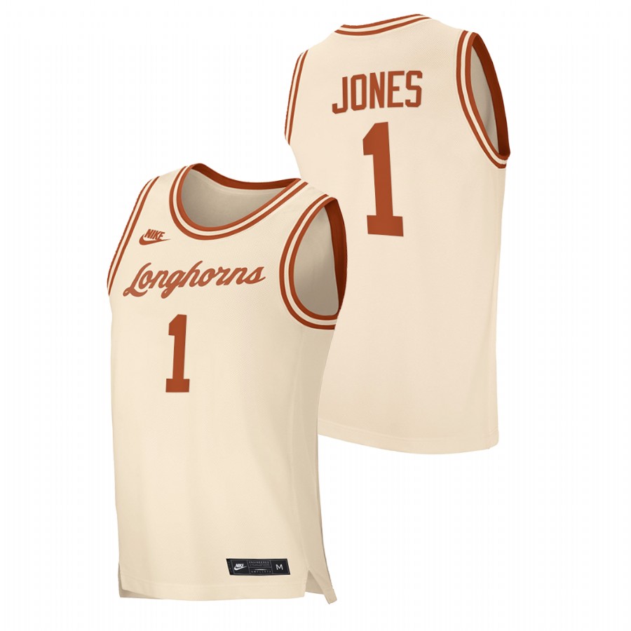 men texas longhorns andrew jones 2020 21 replica retro basketball cream jersey