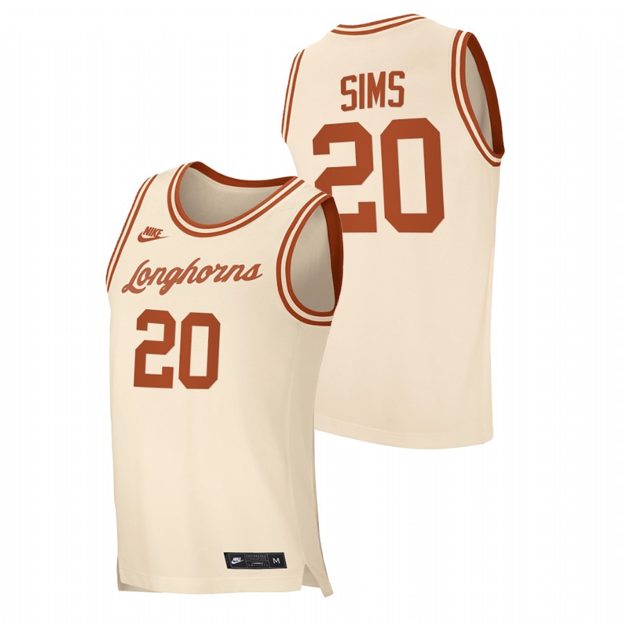 men texas longhorns jericho sims 2020 21 replica retro basketball cream jersey
