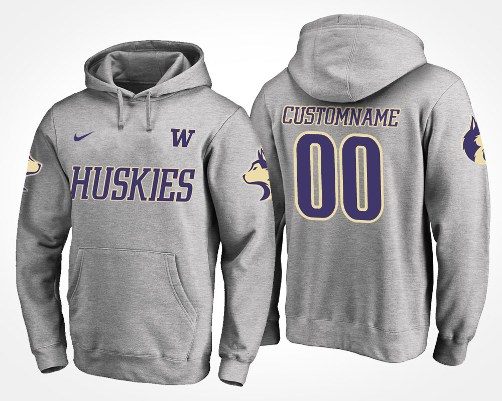 men washington huskies gray custom name and number hoodie