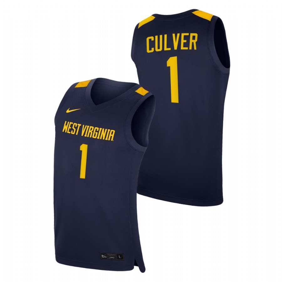 men west virginia mountaineers derek culver 2020 21 college basketball replica navy jersey