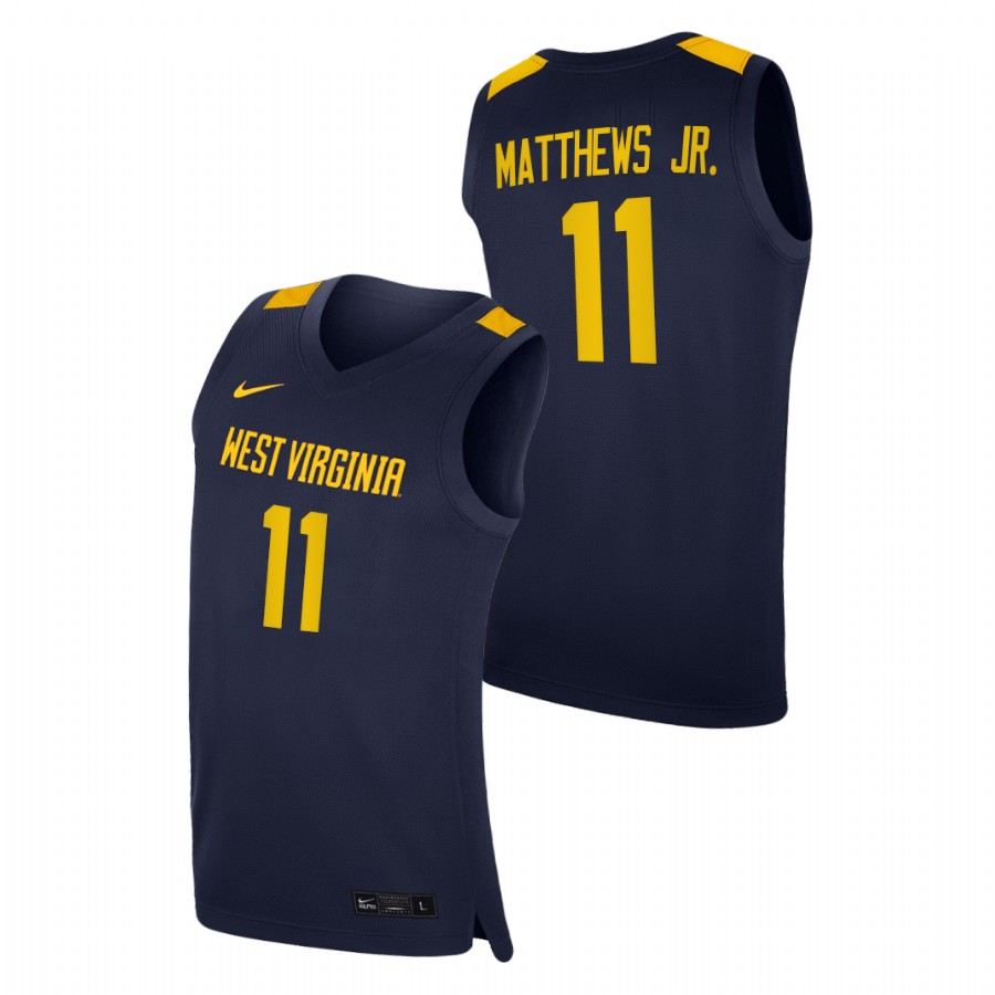 men west virginia mountaineers emmitt matthews jr. 2020 21 college basketball replica navy jersey