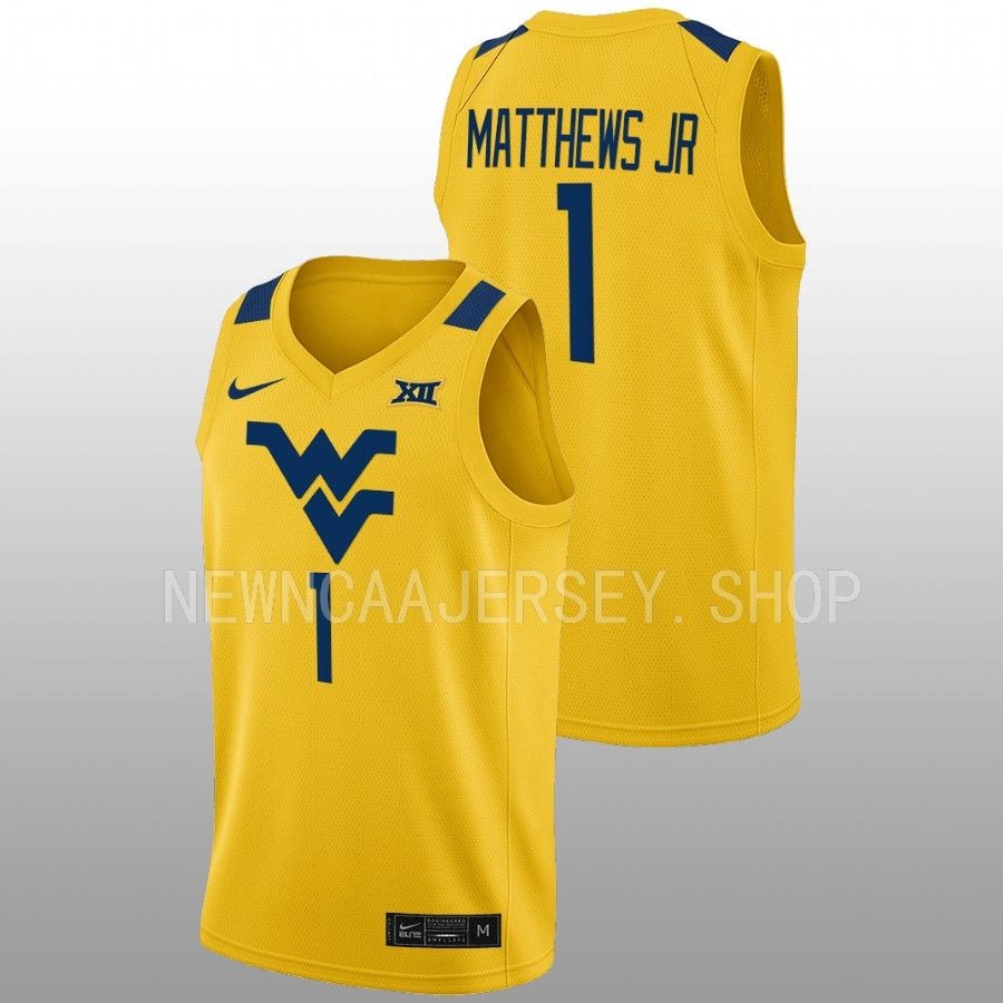 men west virginia mountaineers emmitt matthews jr. 2022 23 alternate basketball gold jersey
