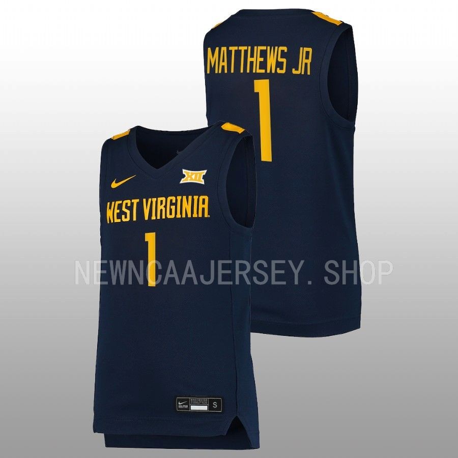 men west virginia mountaineers emmitt matthews jr. 2022 23 replica college basketball navy jersey