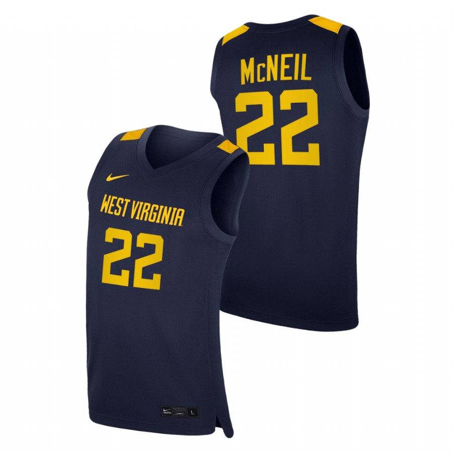 men west virginia mountaineers sean mcneil 2020 21 college basketball replica navy jersey