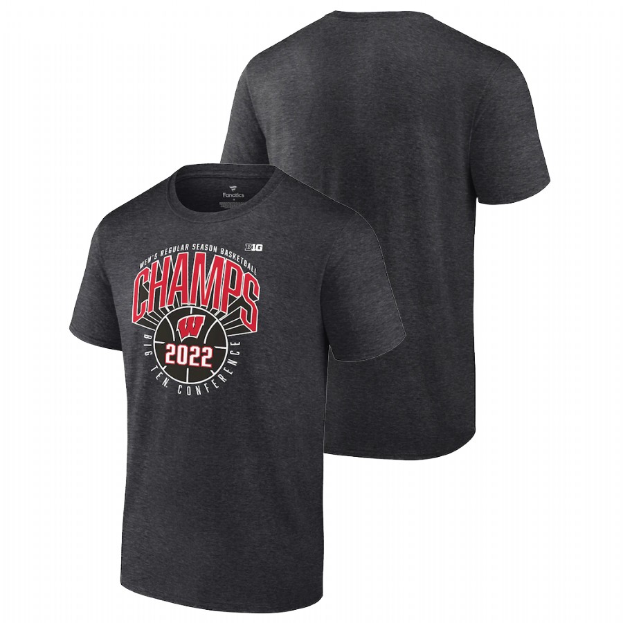 men wisconsin badgers charcoal 2022 big ten men's basketball regular season champions t shirt