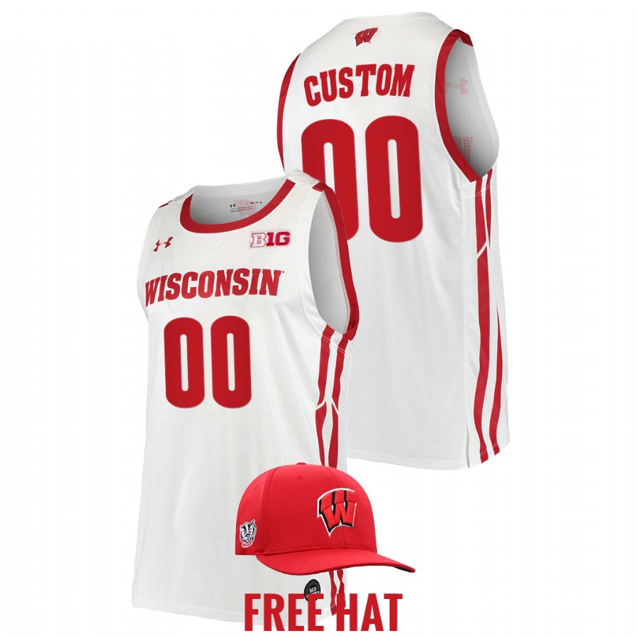 men wisconsin badgers custom 2022 free hat college basketball white jersey
