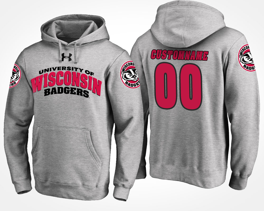 men wisconsin badgers gray custom name and number hoodie