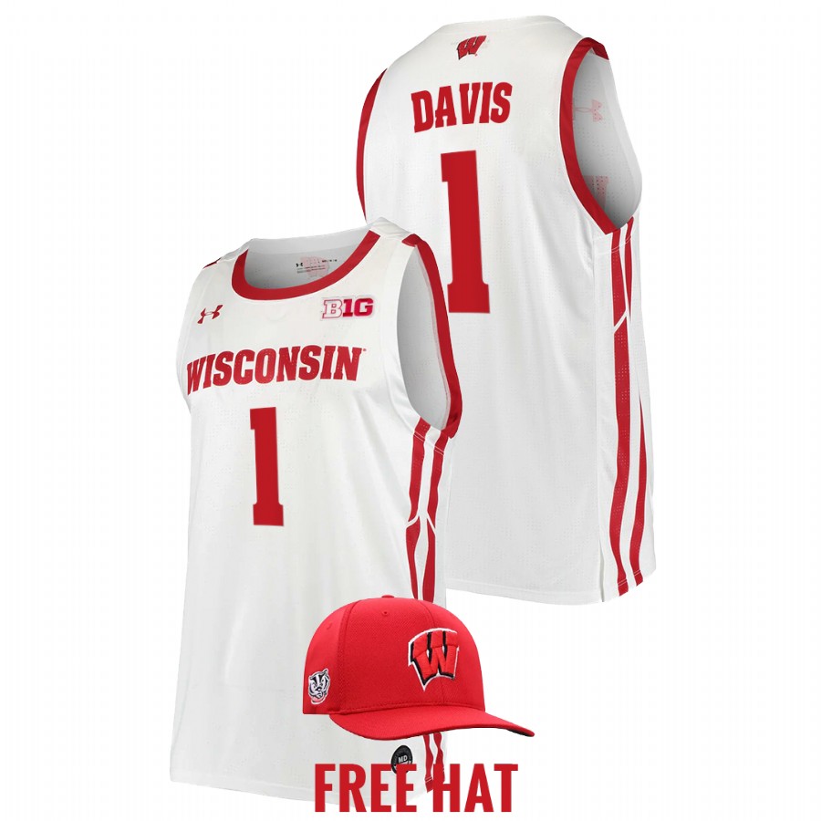 men wisconsin badgers johnny davis 2022 free hat college basketball white jersey