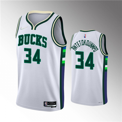 Milwaukee Bucks Giannis Antetokounmpo 2021-22 75th Anniversary City White  stitched Jersey #34