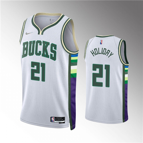 Milwaukee Bucks Jrue Holiday 2021-22 City Edition Diamond 75th Anniversary White stitched Jersey #21