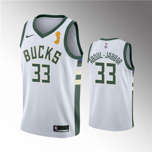 Milwaukee Bucks Kareem Abdul-Jabbar 2021 NBA Finals Champions White stitched Jersey #33
