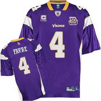 minnesota vikings brett favre 4 purple c patch jersey 50th anniversary patch