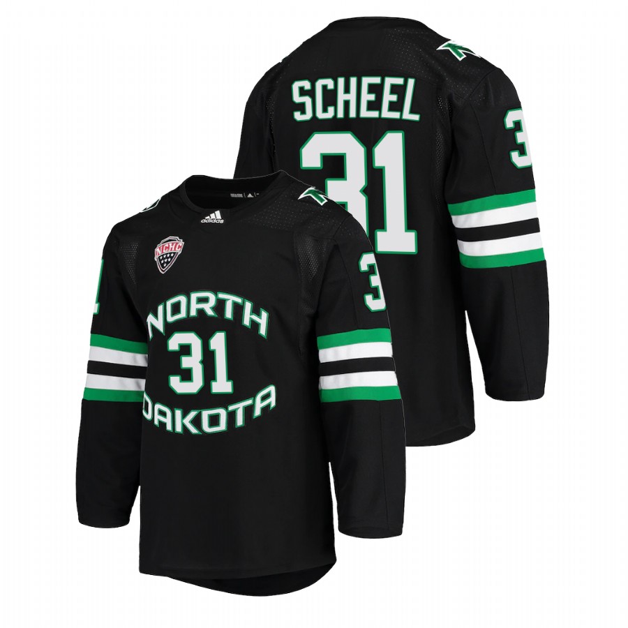 north dakota fighting hawks adam scheel black college hockey alumni jersey