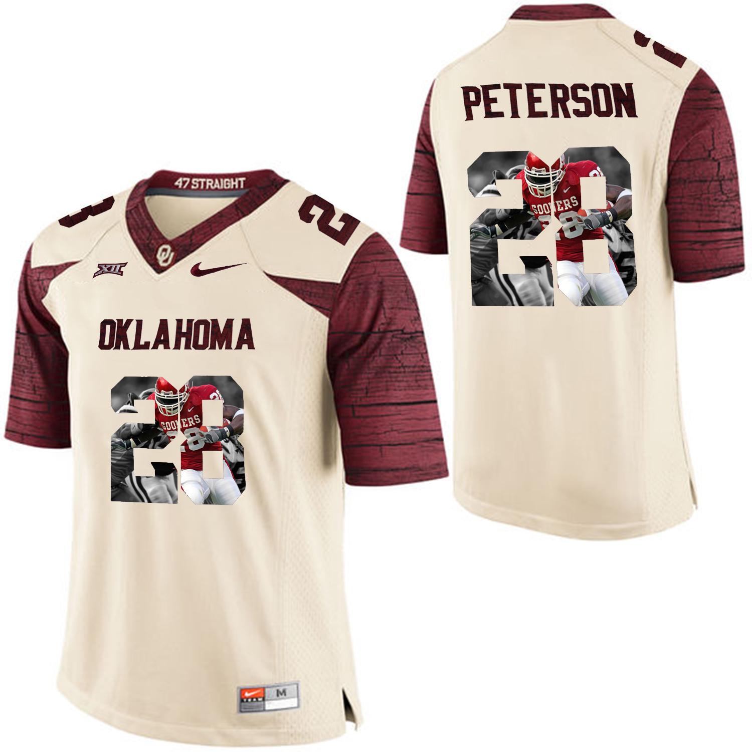 oklahoma sooners 28 adrian peterson white football jersey with player pictorial