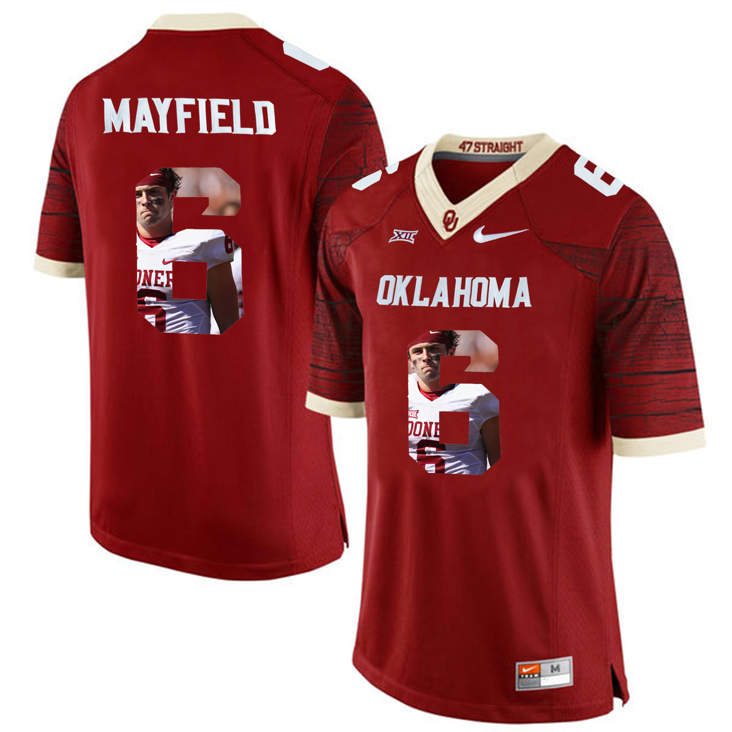 oklahoma sooners 6 baker mayfield criomson football jersey with player pictorial