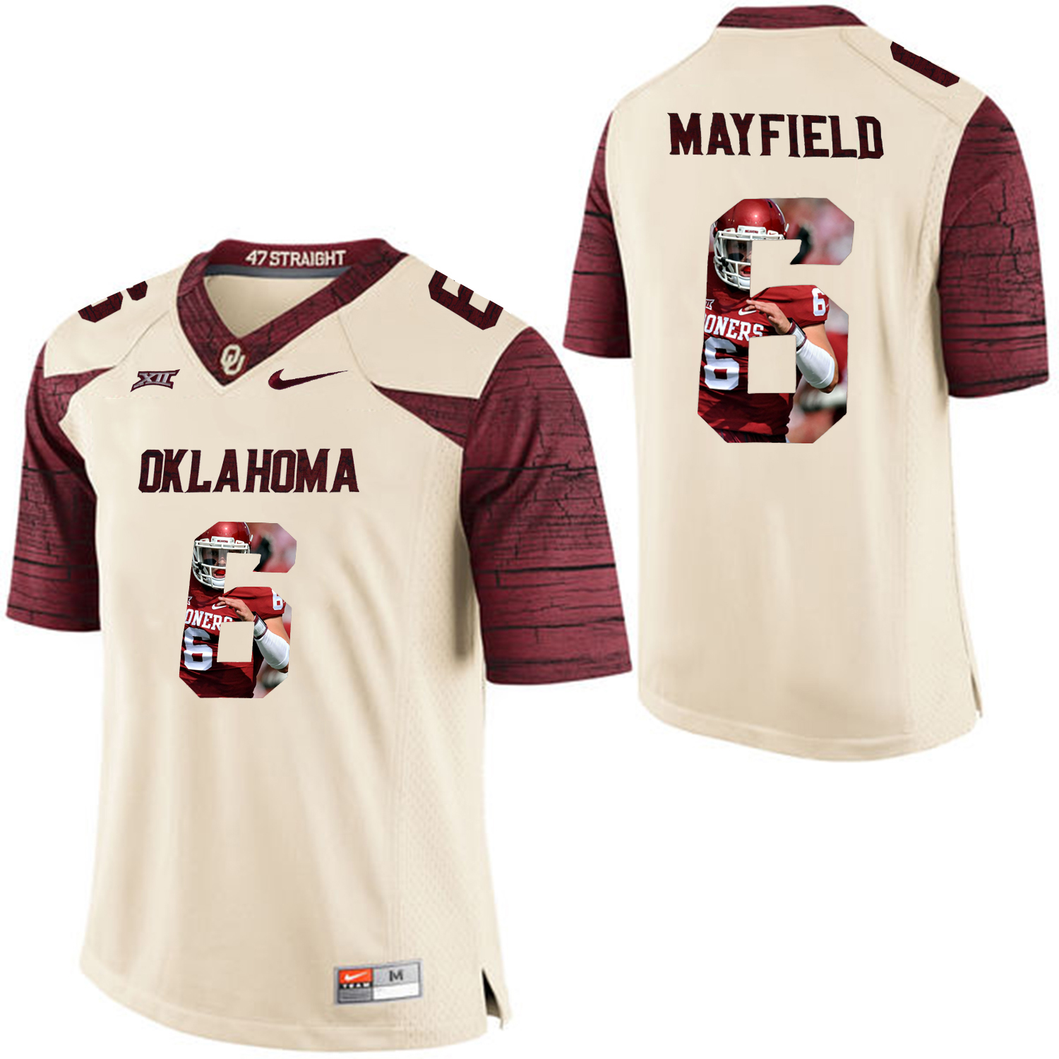 oklahoma sooners 6 baker mayfield white football jersey with player pictorial