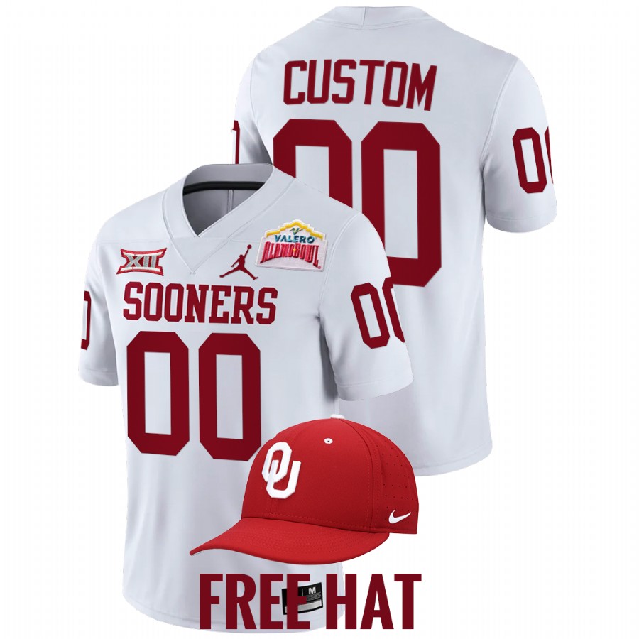 oklahoma sooners custom white 2021 alamo bowl free hat jersey