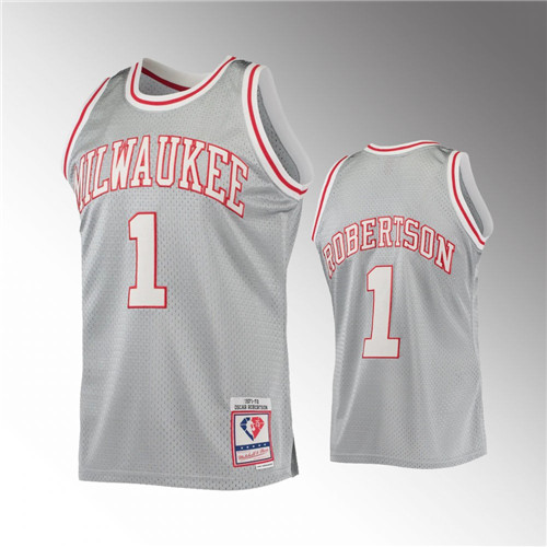 Milwaukee Bucks Oscar Robertson Silver Hardwood Classics 1971-72 75th Anniversary stitched Jersey #1