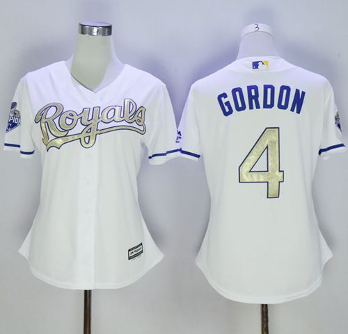 oyals #4 Alex Gordon White 2015 World Series Champions Gold Program Cool Base Women's Stitched MLB Jersey