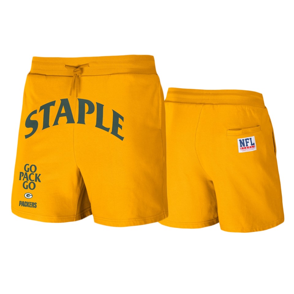 packers gold staple throwback vintage wash fleece shorts