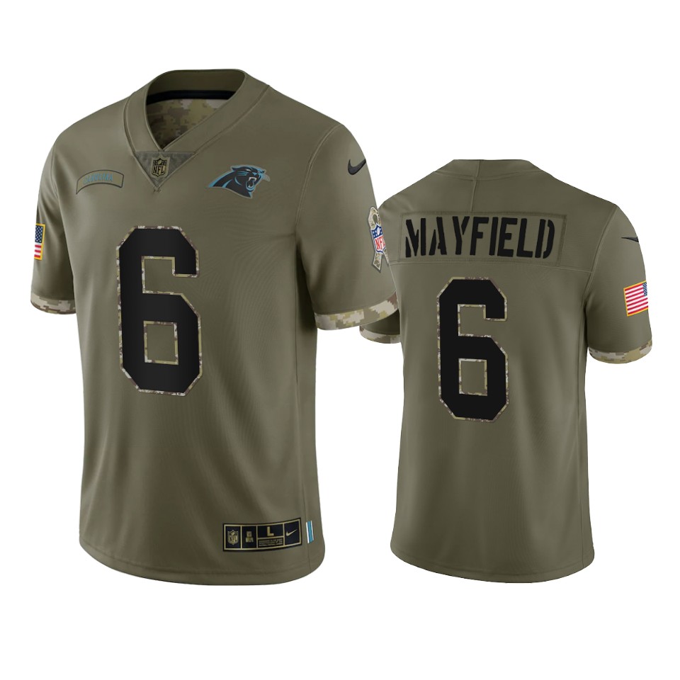 panthers baker mayfield olive limited 2022 salute to service jersey