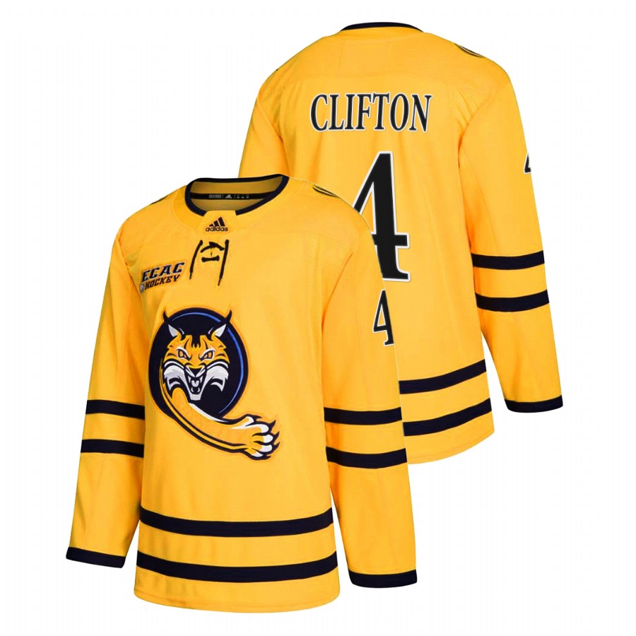 quinnipiac bobcats connor clifton gold college hockey alumni jersey
